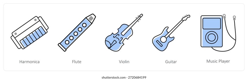 Ein Satz von 5 Mix-Icons als Mundharmonika, Flöte, Violine in Grau