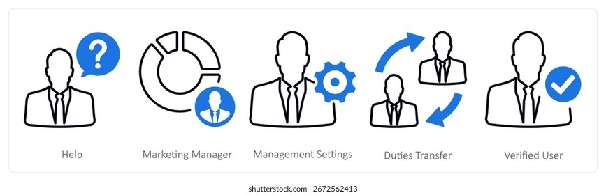 Um conjunto de 5 ícones mistos como ajuda, gerenciamento de marketing, configurações de gerenciamento
