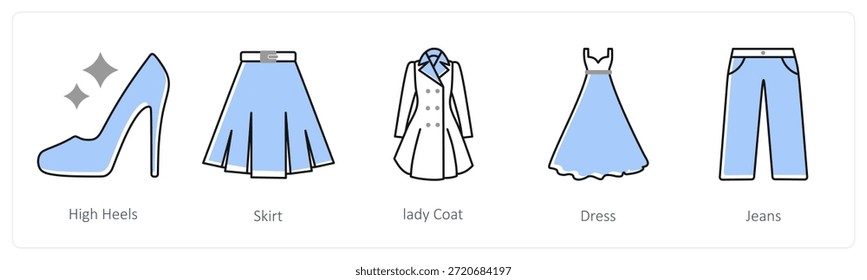 Um conjunto de 5 ícones de mistura como saltos altos, saia, casaco de senhora em cor cinza