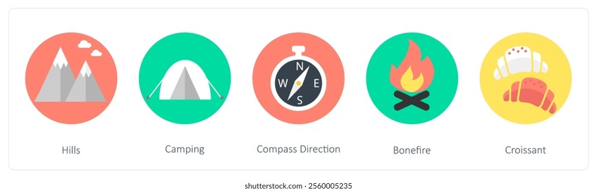 A set of 5 mix icons as hills, camping, compass direction