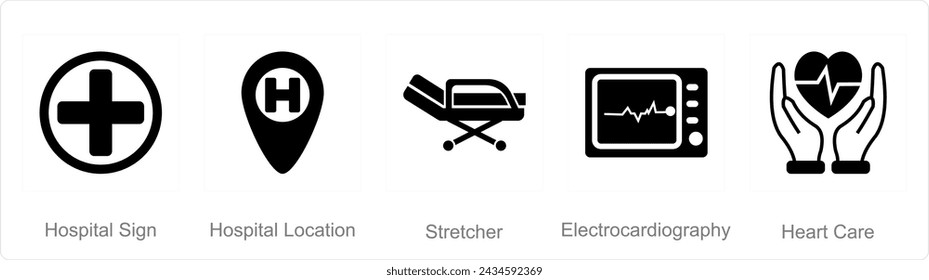 A set of 5 mix icons as hospital sign, hospital location, stretcher