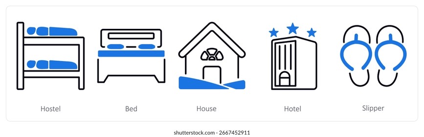 Un conjunto de 5 iconos de mezcla como albergue, cama, casa