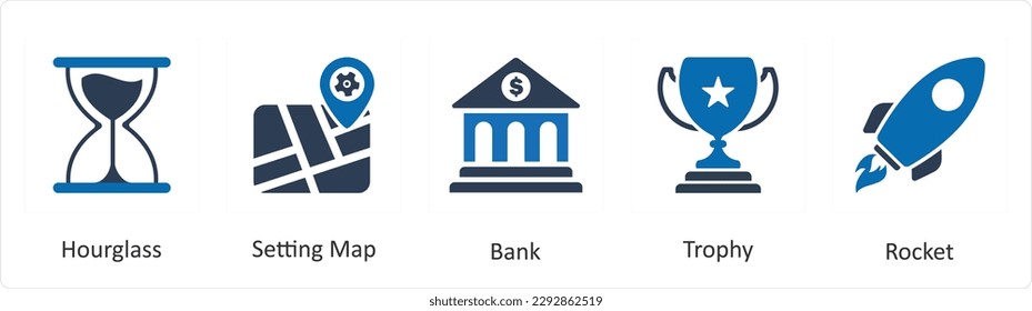 A set of 5 Mix icons as hourglass, setting map, bank