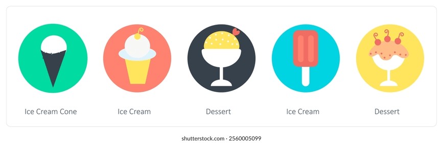 A set of 5 mix icons as ice cream cone, ice cream, dessert