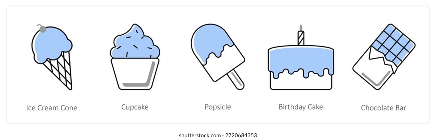 Ein Satz von 5 Mix-Icons als Eiskegel, Cupcake, Eis in grauer Farbe
