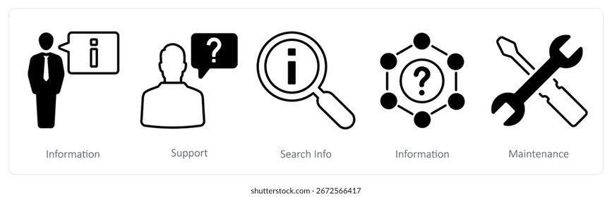A set of 5 mix icons as information, support, search info