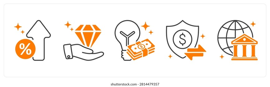 A set of 5 mix icons as interest rate, value, smart investment in red color