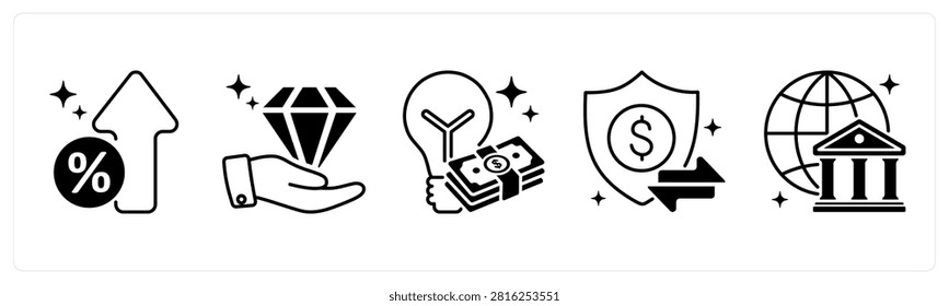 A set of 5 mix icons as interest rate, value, smart investment in red color