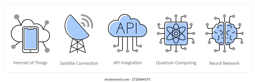 Um conjunto de 5 ícones de mistura como internet das coisas, conexão por satélite, integração api na cor cinza