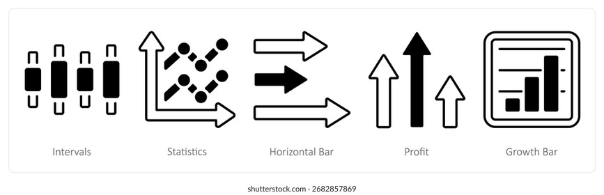 A set of 5 mix icons as intervals, statistics, horizontal bar
