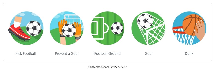 Um conjunto de 5 ícones de mistura como chutar futebol, impedir um gol, campo de futebol