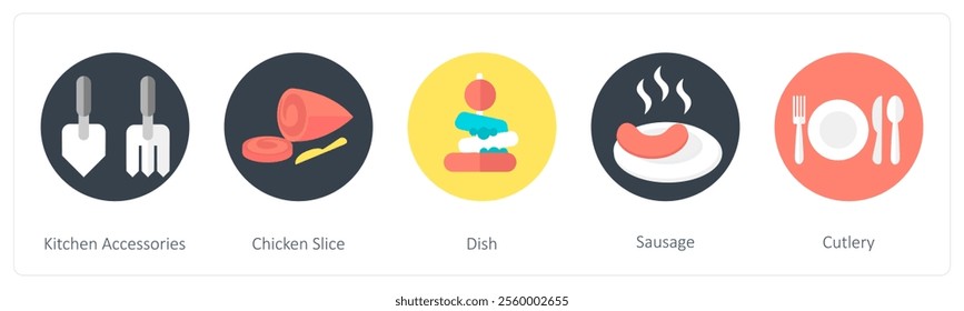 A set of 5 mix icons as kitchen accessories, chicken slice, dish