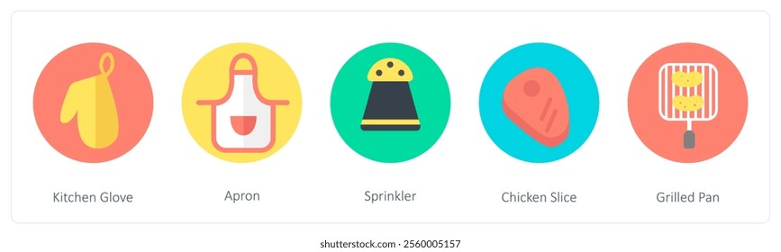 A set of 5 mix icons as kitchen glove, apron, sprinkler