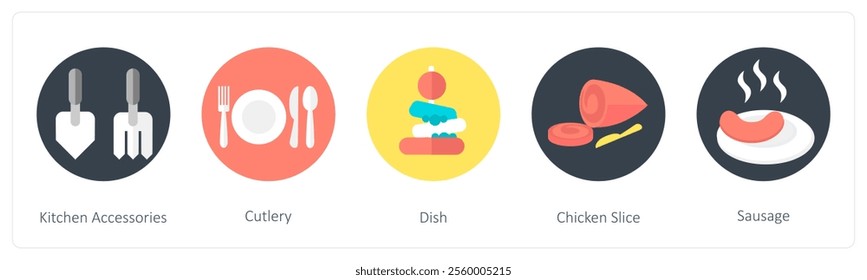 A set of 5 mix icons as kitchen accessories, cutlery, dish