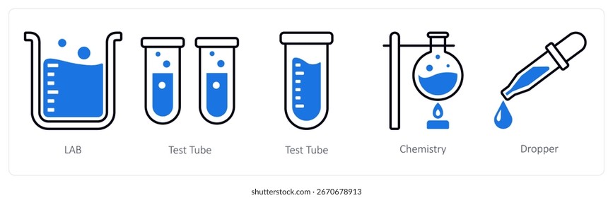 A set of 5 mix icons as lab, test tube, chemistry