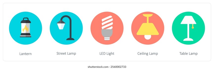 A set of 5 mix icons as lantern, street lamp, led light