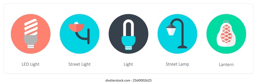 A set of 5 mix icons as led light, street light, light