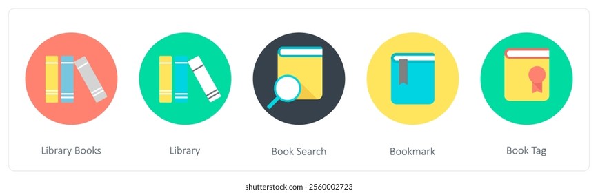 A set of 5 mix icons as library books, library, book search