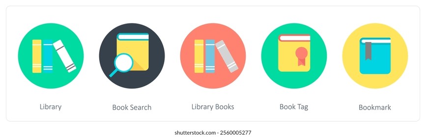 A set of 5 mix icons as library, book search, library books