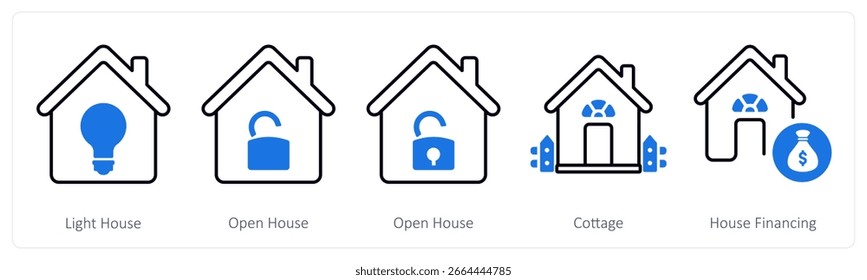 Un conjunto de 5 iconos de mezcla como casa de luz, casa abierta, casa de campo
