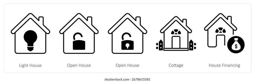 Um conjunto de 5 ícones de mistura como casa de luz, casa aberta, casa de campo