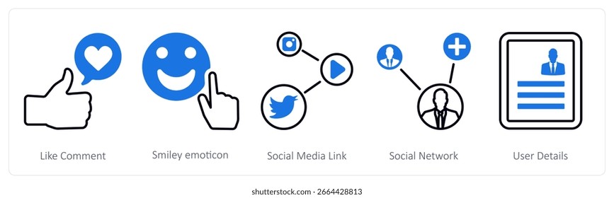 Um conjunto de 5 ícones de mistura como comentário, emoticon smiley, link de mídia social
