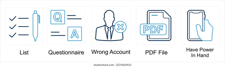 A set of 5 mix icons as list, questionnaire, wrong account