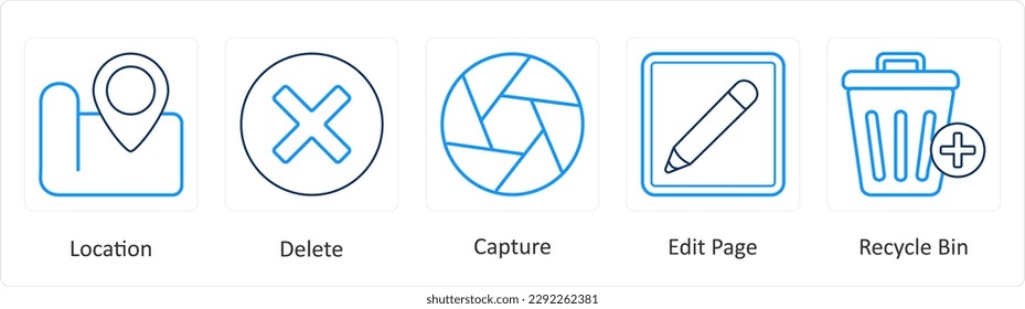 A set of 5 mix icons as location, delete, remove