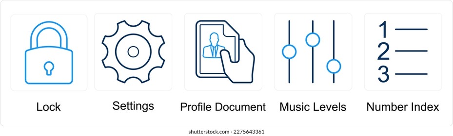 A set of 5 mix icons as lock, settings, profile document, music levels