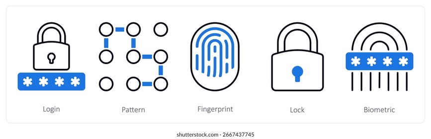Un conjunto de 5 iconos de la mezcla como Inicio de sesión, patrón, huella digital