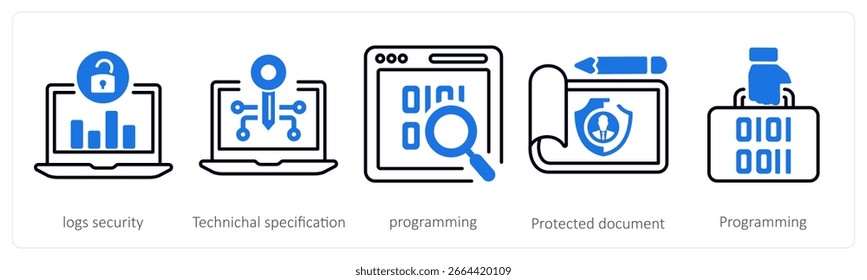 A set of 5 mix icons as logs security, technical specification, programming