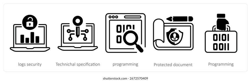 Ein Satz von 5 Mix-Icons als Protokolle Sicherheit, technische Spezifikation, Programmierung