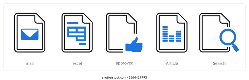 Um conjunto de 5 ícones de mistura como email, excel, aprovado
