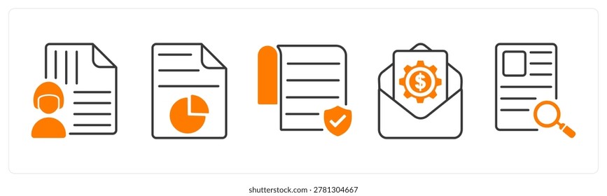 A set of 5 mix icons as managed document, report chart, authorship