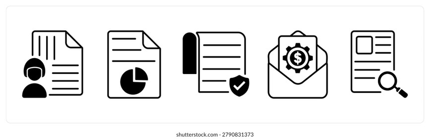 A set of 5 mix icons as managed document, report chart, authorship