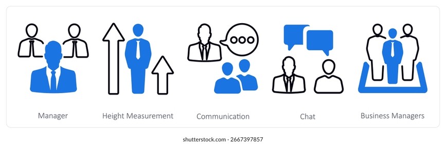 Um conjunto de 5 ícones mistos como gerenciador, medição de altura, comunicação