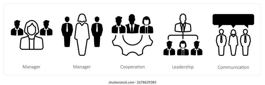 Un conjunto de 5 iconos de mezcla como gerente, cooperación, liderazgo