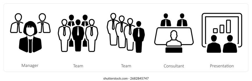 Un conjunto de 5 iconos de mezcla como gerente, equipo, consultor