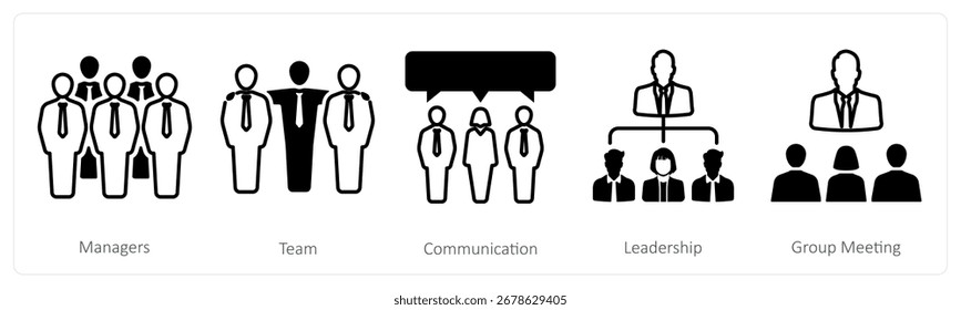 Un conjunto de 5 iconos de mezcla como gerentes, equipo, comunicación