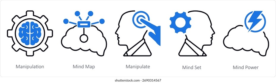 Um conjunto de 5 ícones de mistura como manipulação, mapa da mente, conjunto da mente