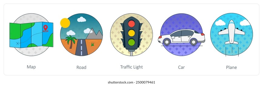 Un conjunto de 5 iconos de la mezcla como mapa, carretera, semáforo