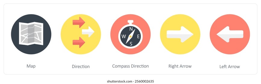 A set of 5 mix icons as map, direction, compass direction