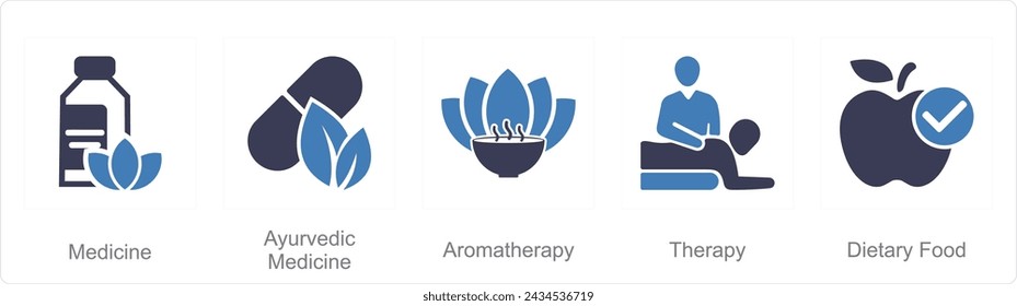 A set of 5 Mix icons as medicine, ayurvedic medicine, aromatherapy