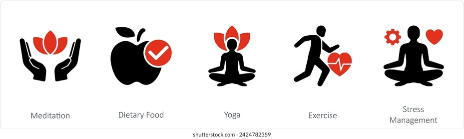 A set of 5 mix icons as medidation, dietary food, yoga