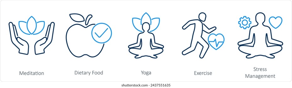 A set of 5 mix icons as medidation, dietary food, yoga