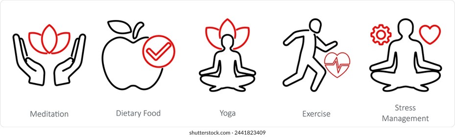 A set of 5 mix icons as medidation, dietary food, yoga