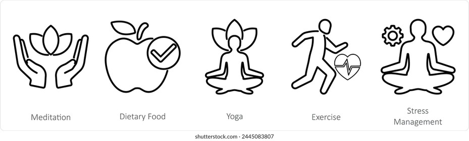 A set of 5 mix icons as medidation, dietary food, yoga