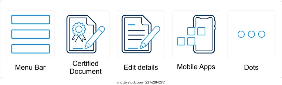 A set of 5 mix icons as menu bar, certified document, edit details