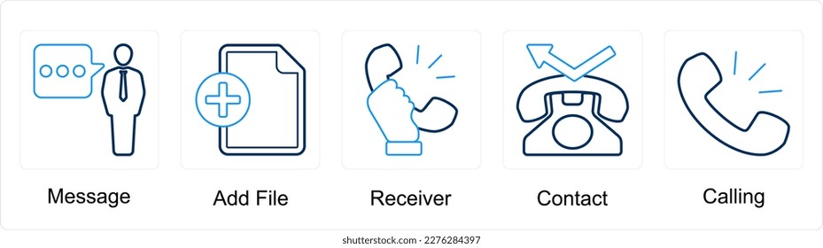 A set of 5 mix icons as message, add file, receiver
