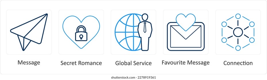 A set of 5 mix icons as message, secret romance, global service